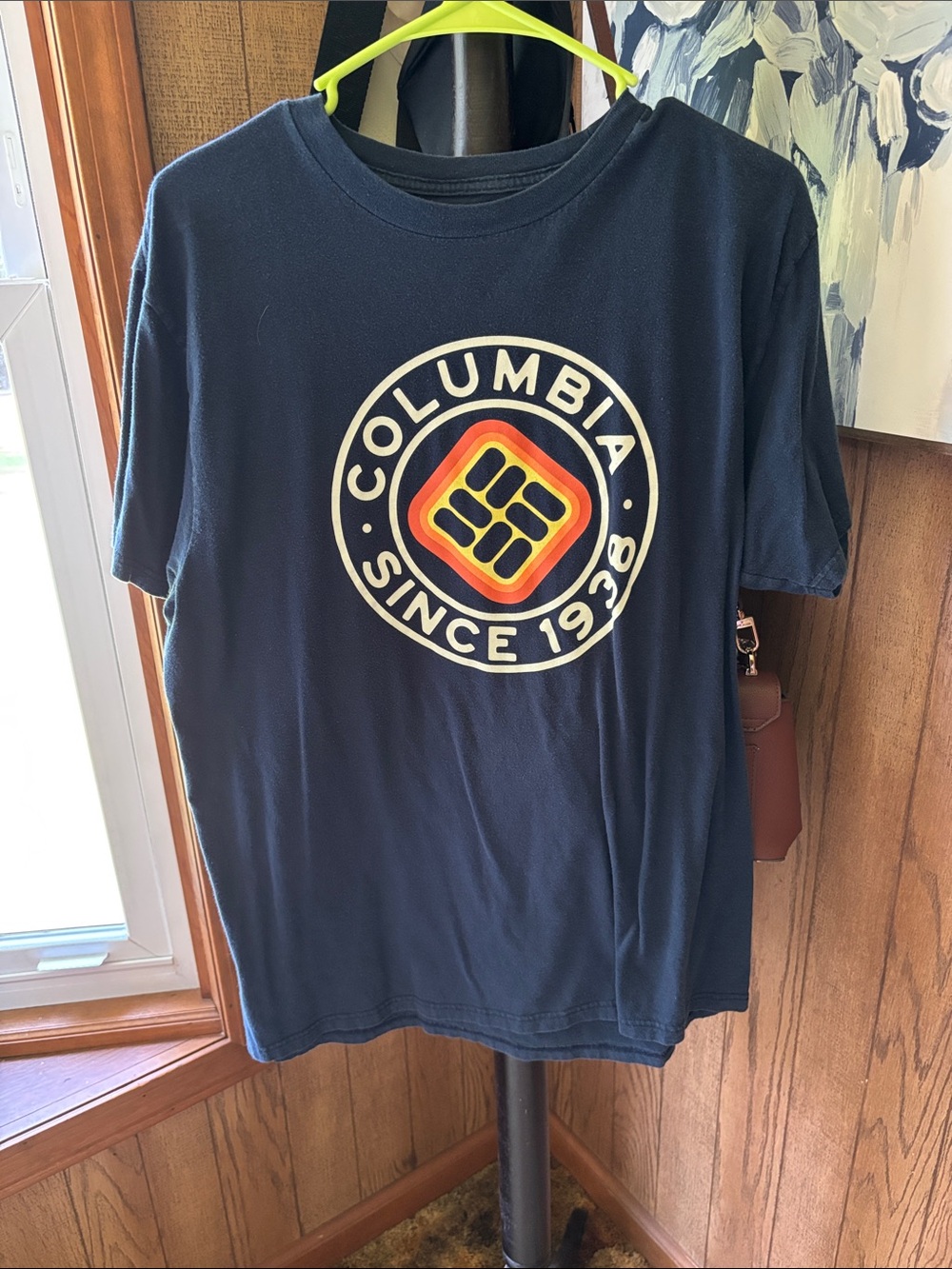 Columbia Navy Short Sleeve Logo Tee with Red and Yellow Emblem